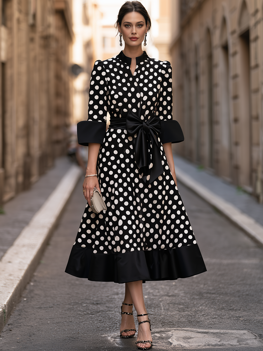 Polka-Dot Bow-Waist Midi Dress With Flounce Hem