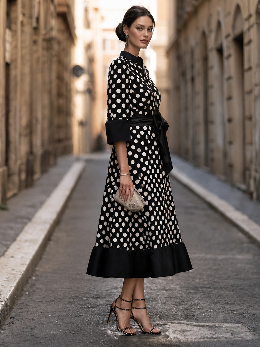 Polka-Dot Bow-Waist Midi Dress With Flounce Hem