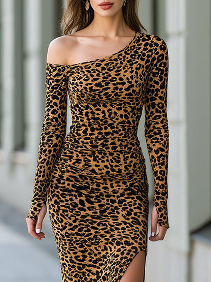 Asymmetric Leopard Print Maxi Dress