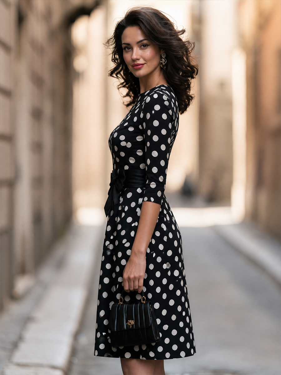 Polka Dot Print Bow-Waist Sheath Dress With 3/4 Sleeves