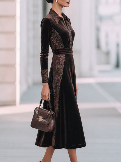 Velvet Leopard Panel Shirt Midi Dress