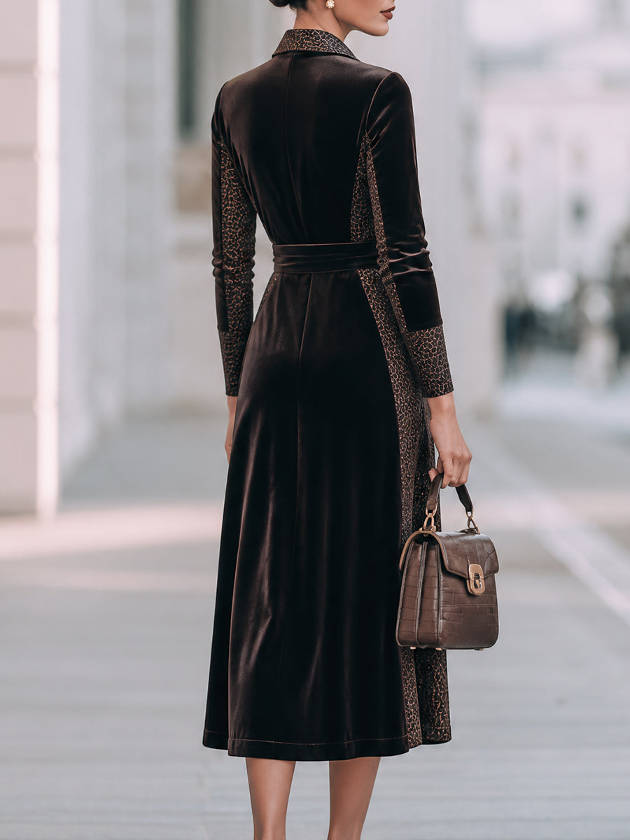 Velvet Leopard Panel Shirt Midi Dress