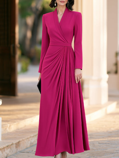 Pleated Draped Long Sleeve A-Line Maxi Dress