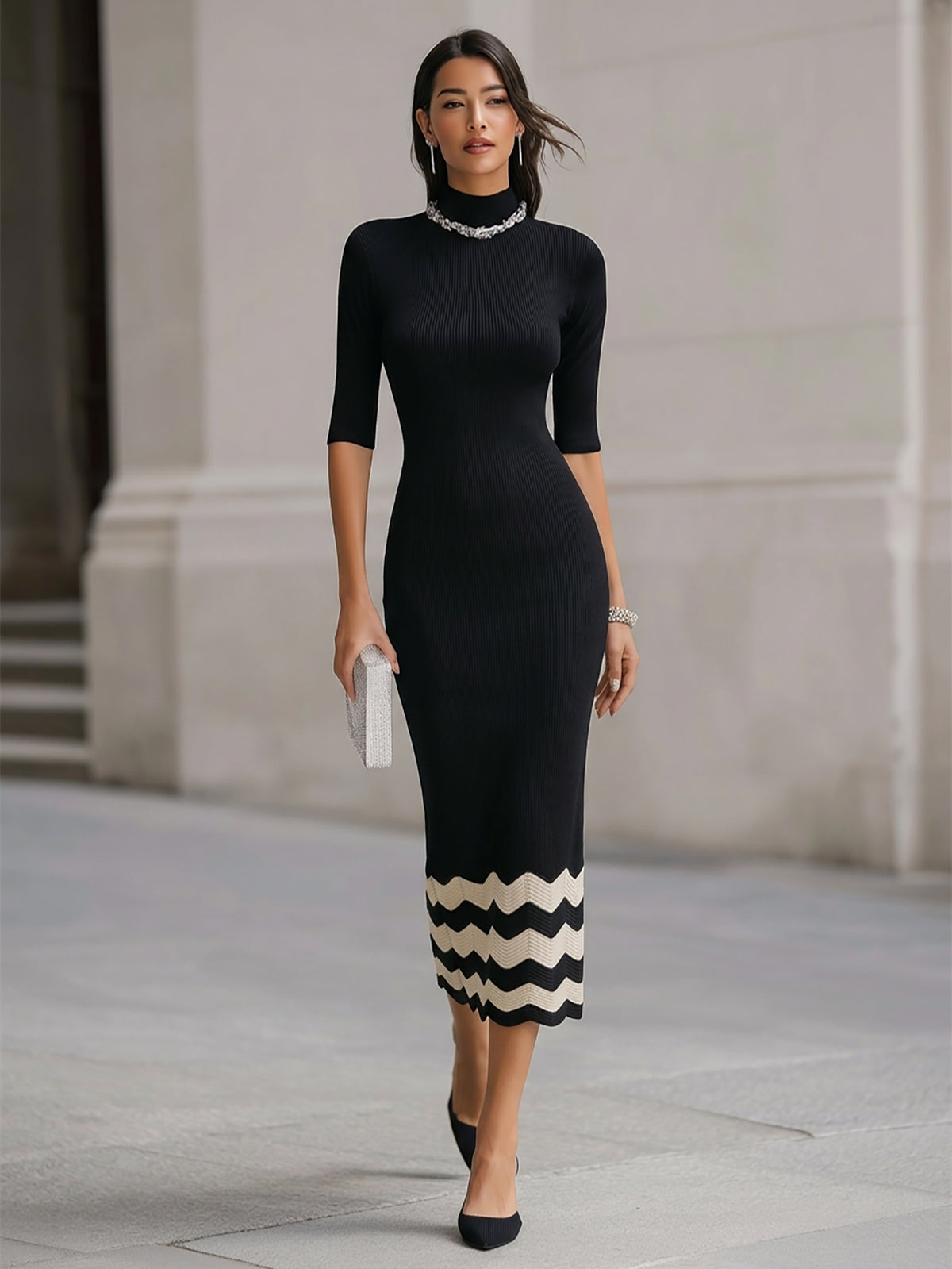 Elegant Black Knit Midi Dress With White Wave Hem