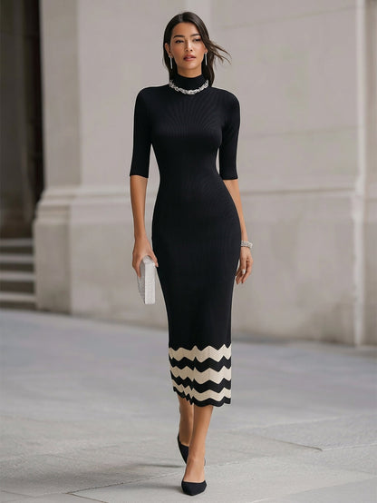 Elegant Black Knit Midi Dress With White Wave Hem