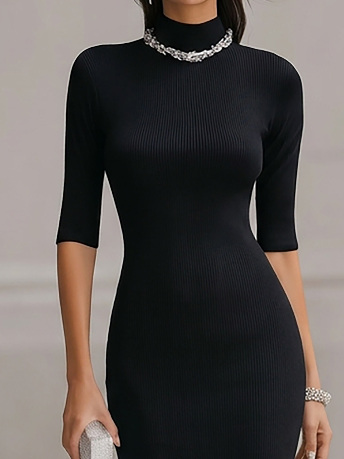 Elegant Black Knit Midi Dress With White Wave Hem