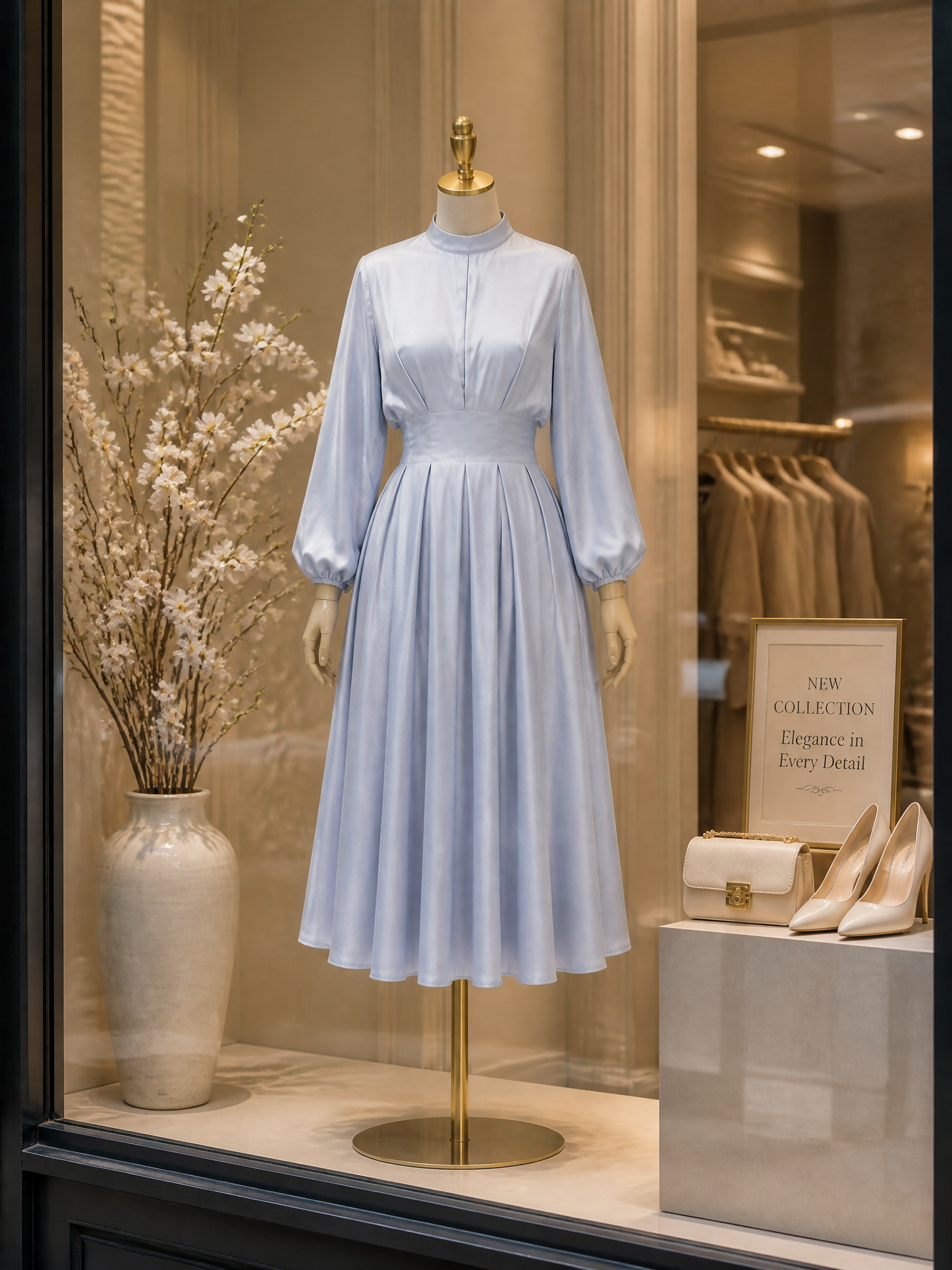 Elegant Sky-Blue Mock-Neck Satin Midi Dress