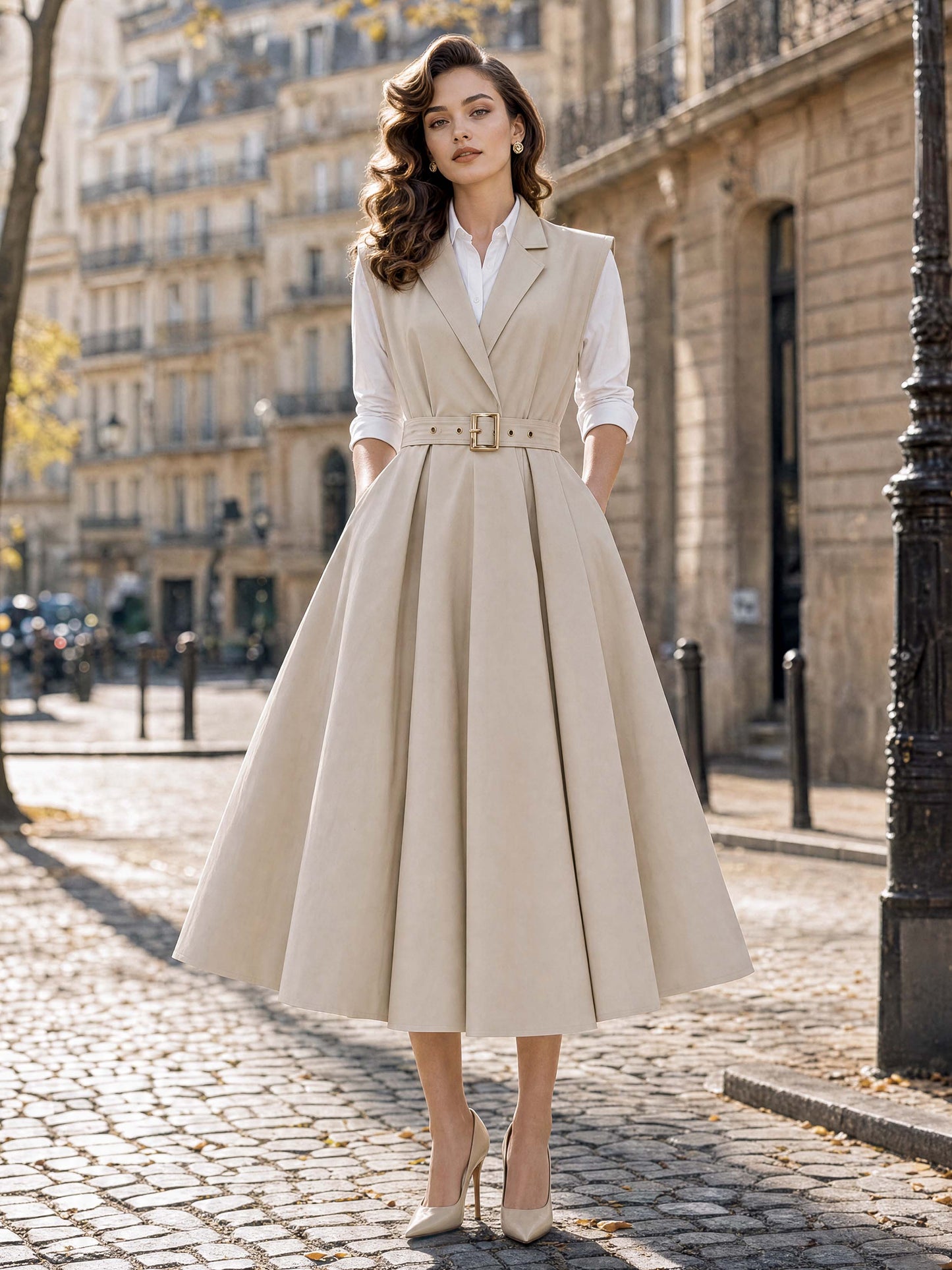 Vintage Lapel Sleeveless Belted A‑Line Midi Dress