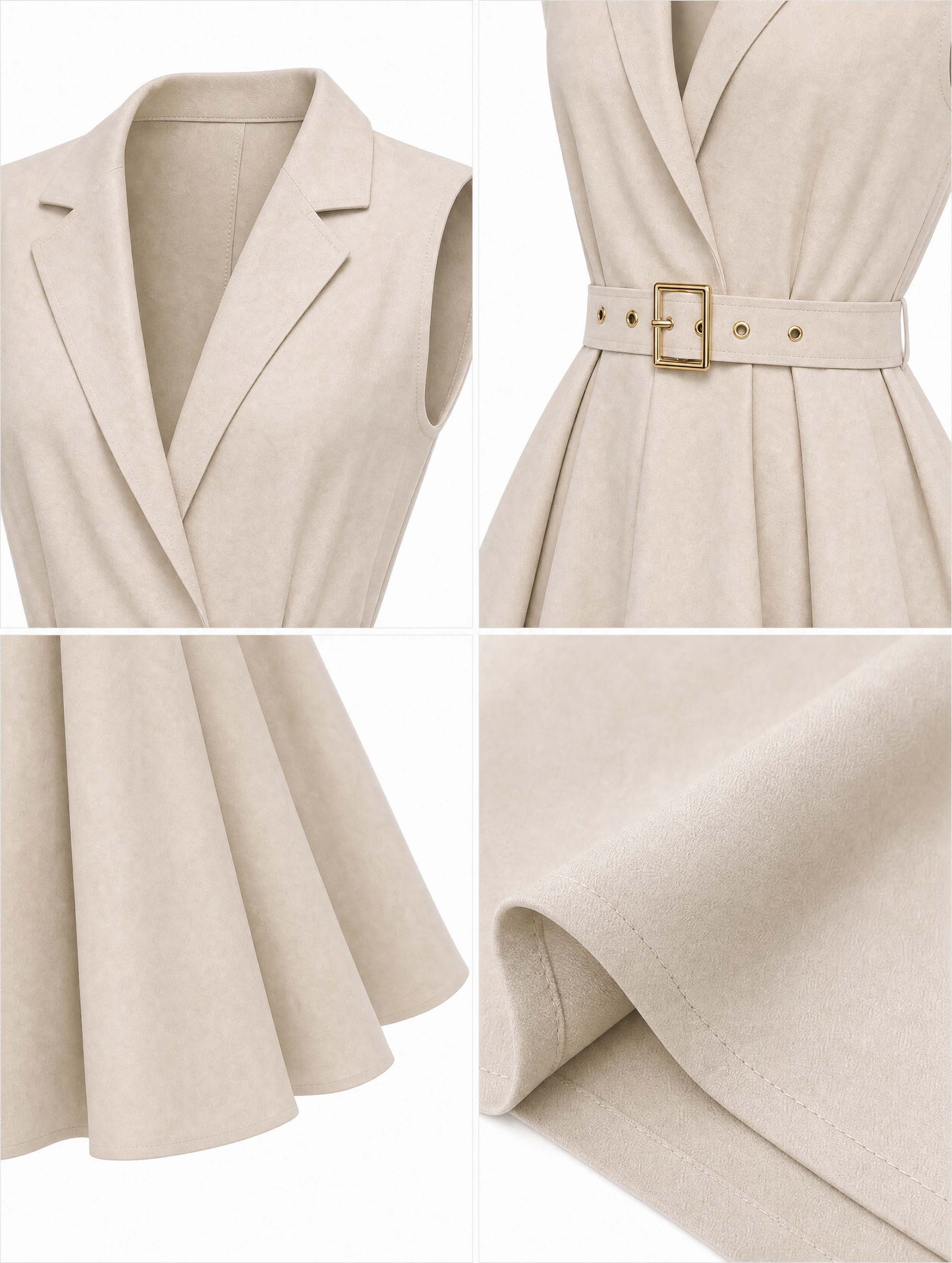 Vintage Lapel Sleeveless Belted A‑Line Midi Dress