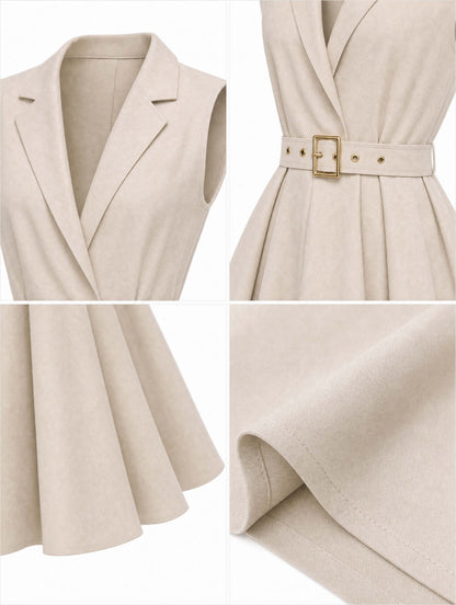 Vintage Lapel Sleeveless Belted A‑Line Midi Dress