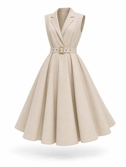 Vintage Lapel Sleeveless Belted A‑Line Midi Dress