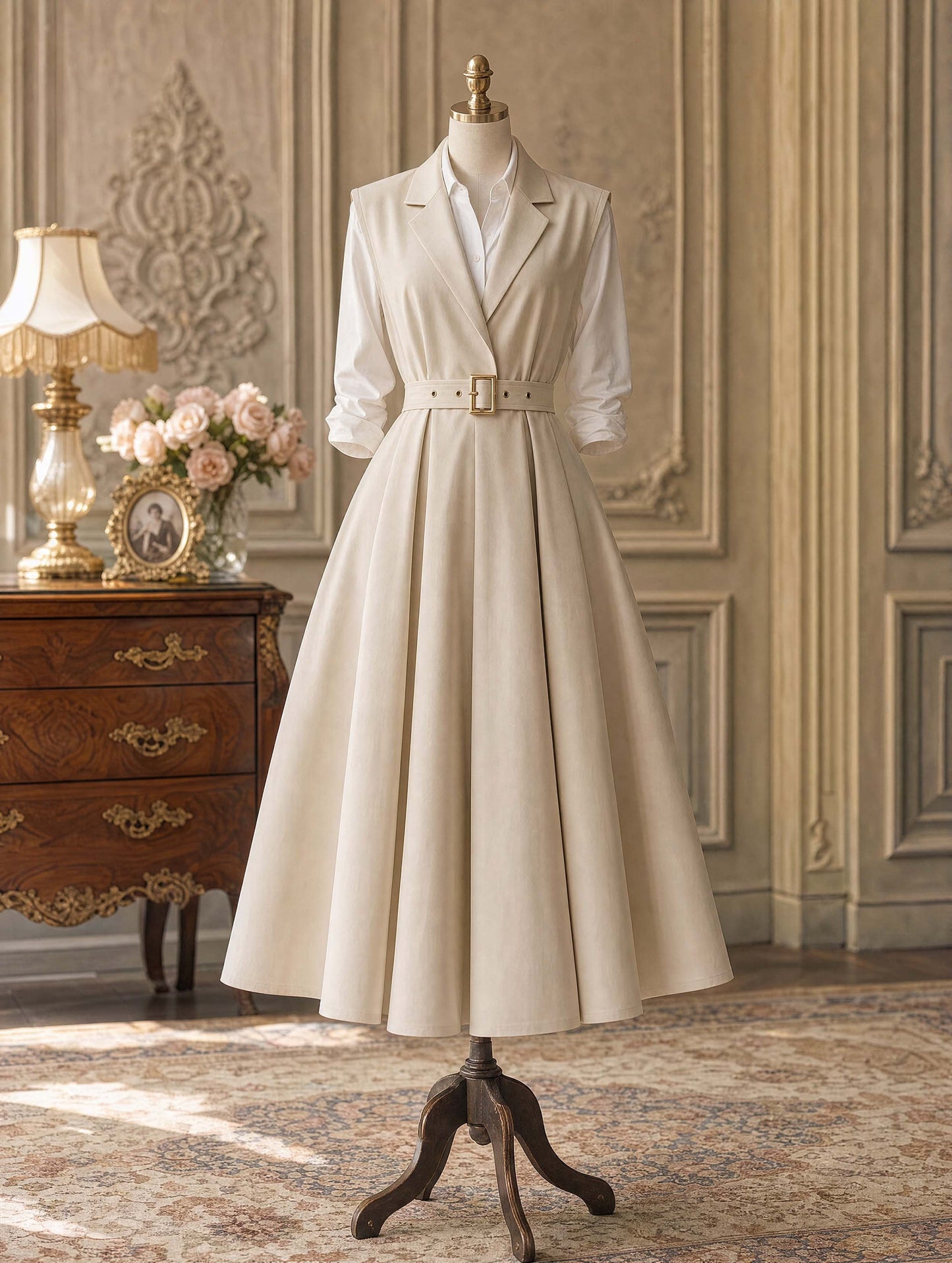 Vintage Lapel Sleeveless Belted A‑Line Midi Dress