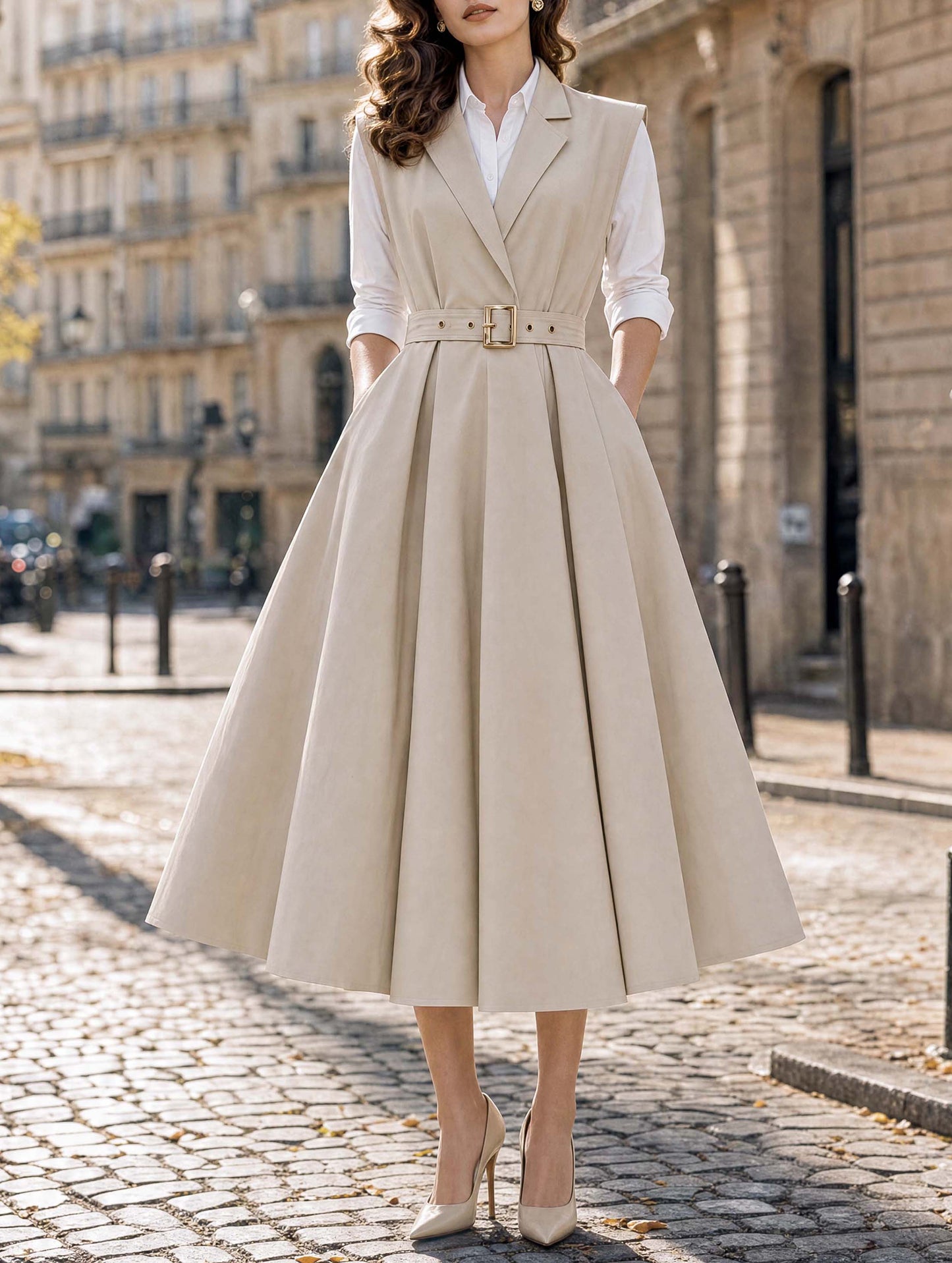 Vintage Lapel Sleeveless Belted A‑Line Midi Dress