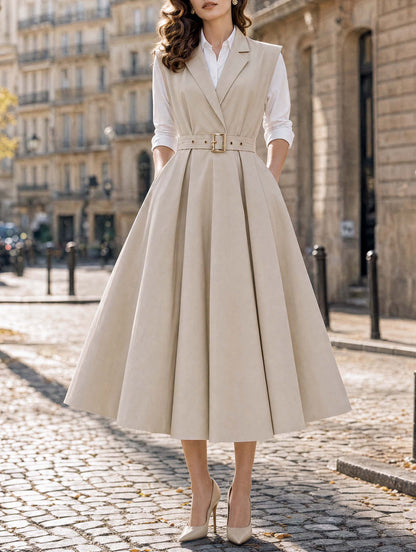 Vintage Lapel Sleeveless Belted A‑Line Midi Dress