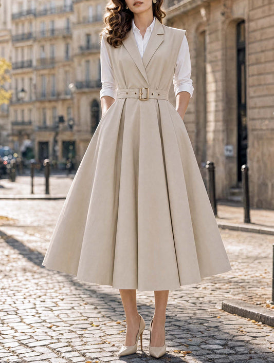 Vintage Lapel Sleeveless Belted A‑Line Midi Dress
