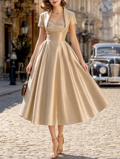 Vintage Champagne Satin A‑Line Midi Occasion Dress
