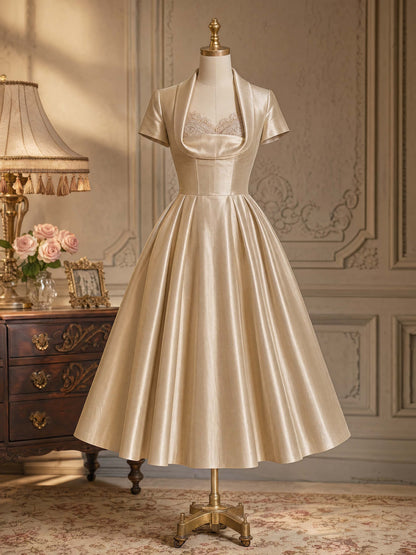 Vintage Champagne Satin A‑Line Midi Occasion Dress