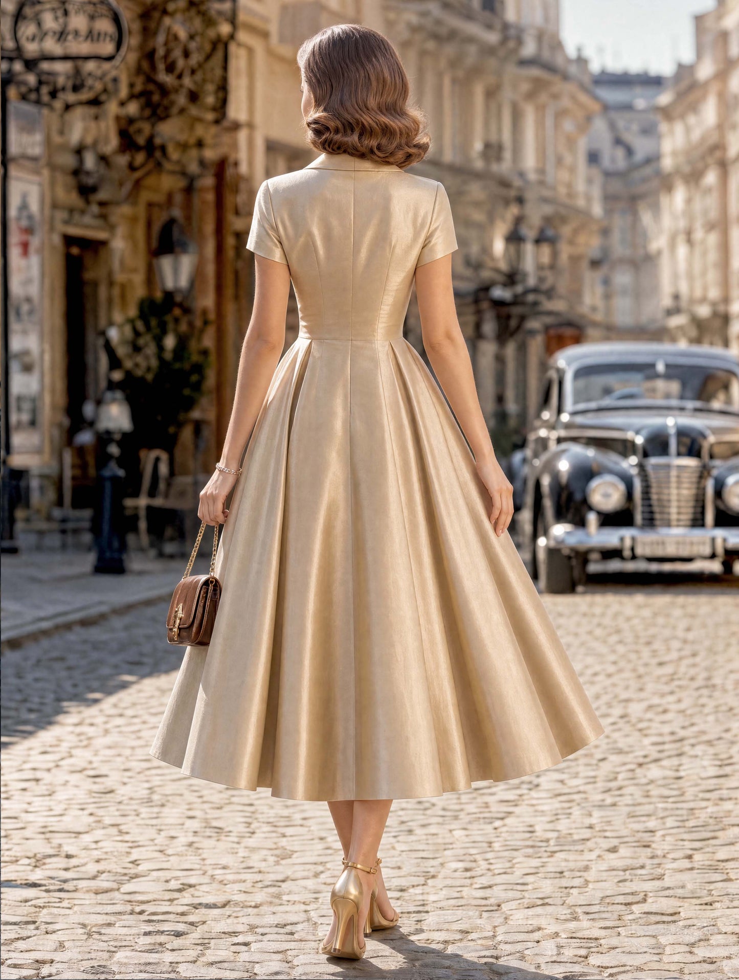 Vintage Champagne Satin A‑Line Midi Occasion Dress