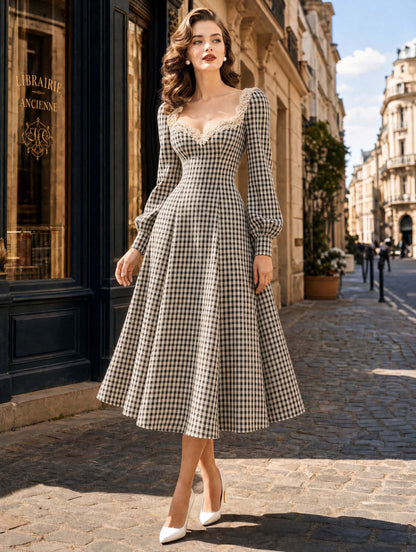Vintage Gingham Lace Sweetheart‑Neck A‑Line Midi Dress