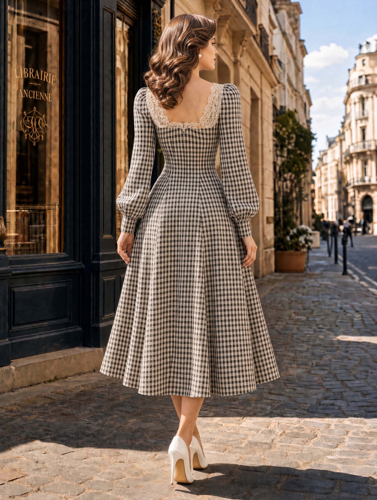 Vintage Gingham Lace Sweetheart‑Neck A‑Line Midi Dress