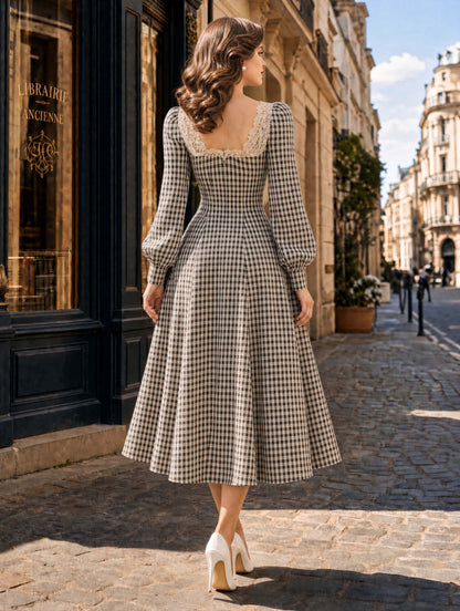 Vintage Gingham Lace Sweetheart‑Neck A‑Line Midi Dress