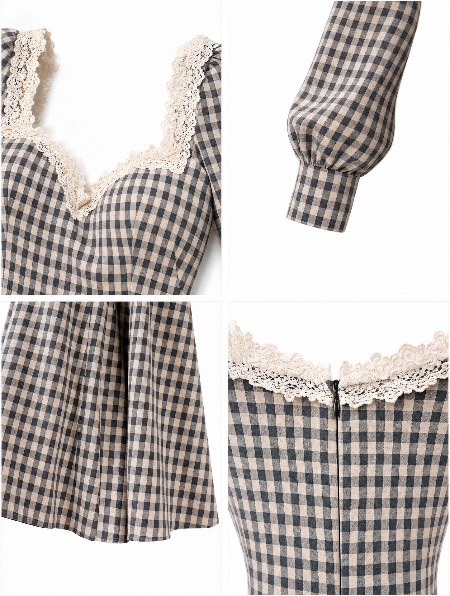 Vintage Gingham Lace Sweetheart‑Neck A‑Line Midi Dress