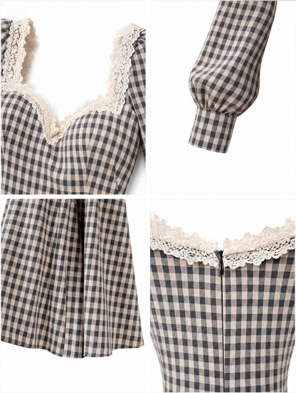 Vintage Gingham Lace Sweetheart‑Neck A‑Line Midi Dress