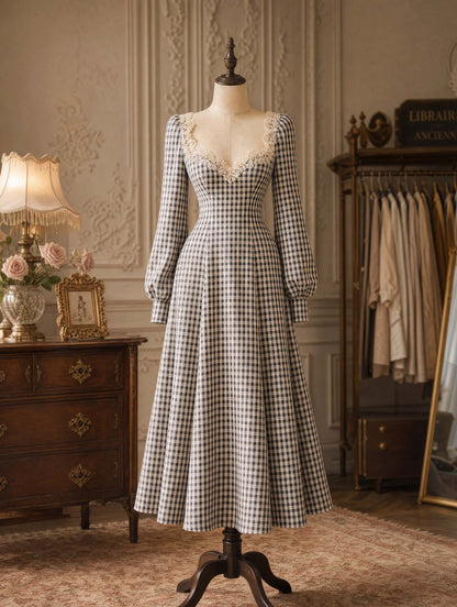 Vintage Gingham Lace Sweetheart‑Neck A‑Line Midi Dress