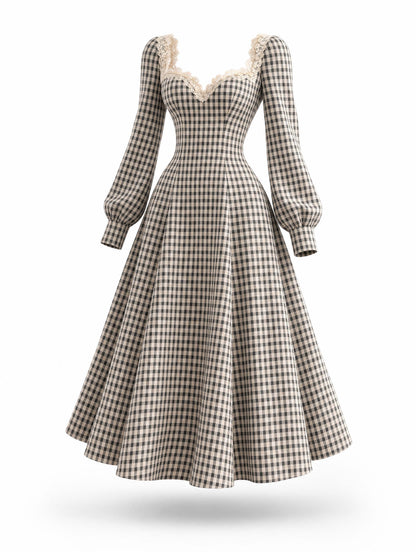 Vintage Gingham Lace Sweetheart‑Neck A‑Line Midi Dress