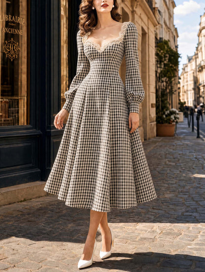Vintage Gingham Lace Sweetheart‑Neck A‑Line Midi Dress