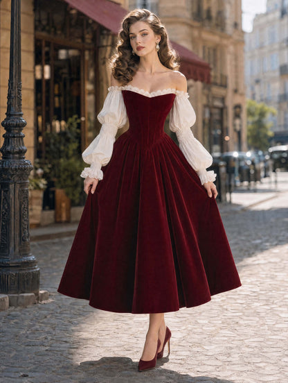 French Lace Puff‑Sleeve Burgundy Velvet Flare Midi Dress