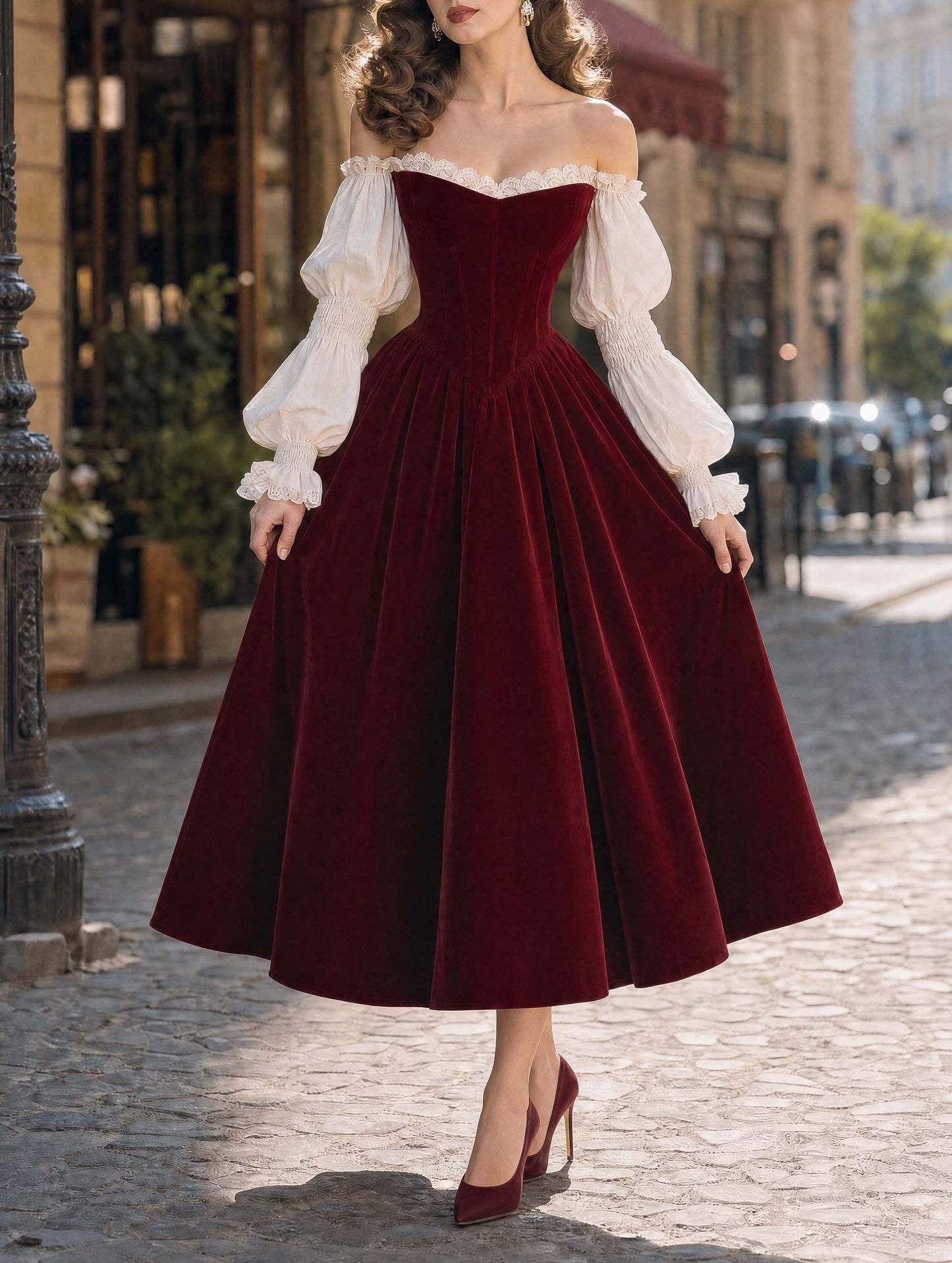 French Lace Puff‑Sleeve Burgundy Velvet Flare Midi Dress