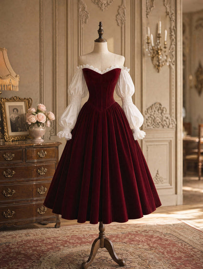 French Lace Puff‑Sleeve Burgundy Velvet Flare Midi Dress