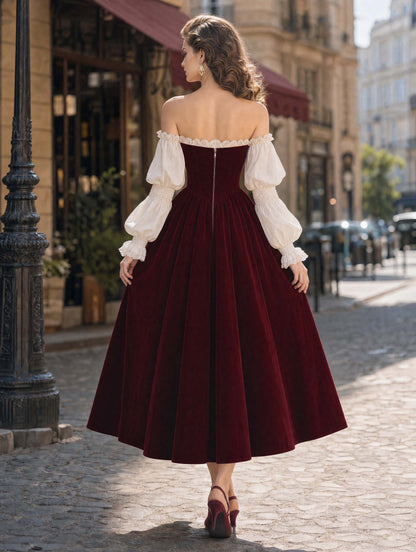 French Lace Puff‑Sleeve Burgundy Velvet Flare Midi Dress