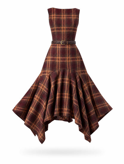 Vintage Tartan Sleeveless Irregular‑Hem Midi Dress
