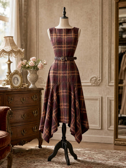 Vintage Tartan Sleeveless Irregular‑Hem Midi Dress
