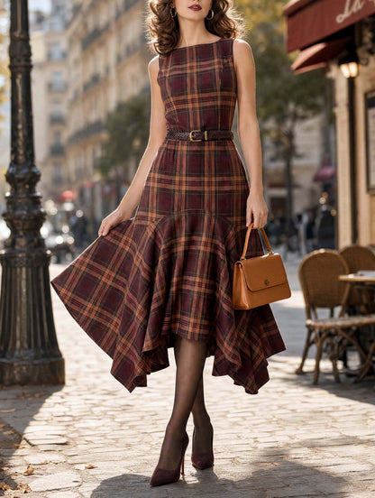 Vintage Tartan Sleeveless Irregular‑Hem Midi Dress