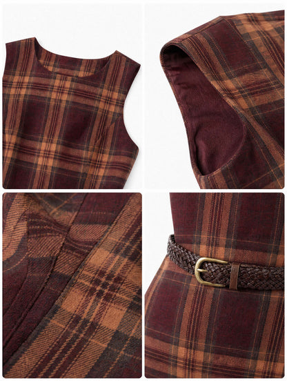 Vintage Tartan Sleeveless Irregular‑Hem Midi Dress