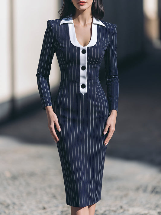 Contrast Collar Pinstripe Midi Dress