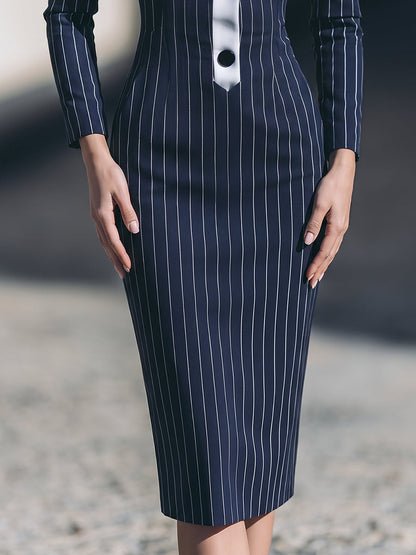 Contrast Collar Pinstripe Midi Dress