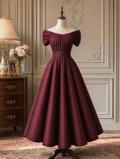 Vintage Matte Satin Swing Formal Evening Midi Dress