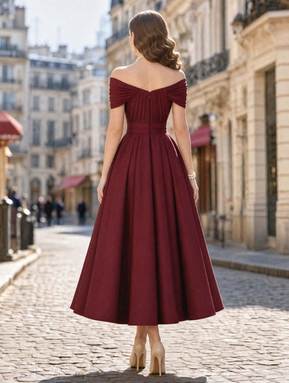 Vintage Matte Satin Swing Formal Evening Midi Dress