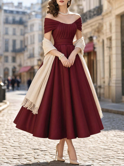 Vintage Matte Satin Swing Formal Evening Midi Dress
