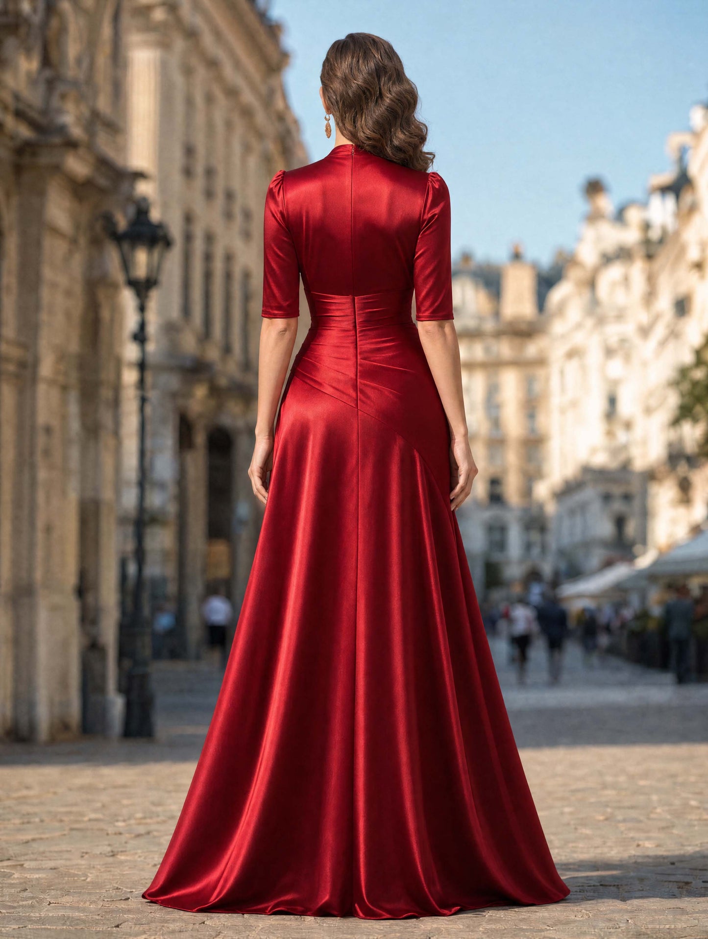 Vintage Red Satin Half‑Sleeve High Slit Evening Maxi Dress