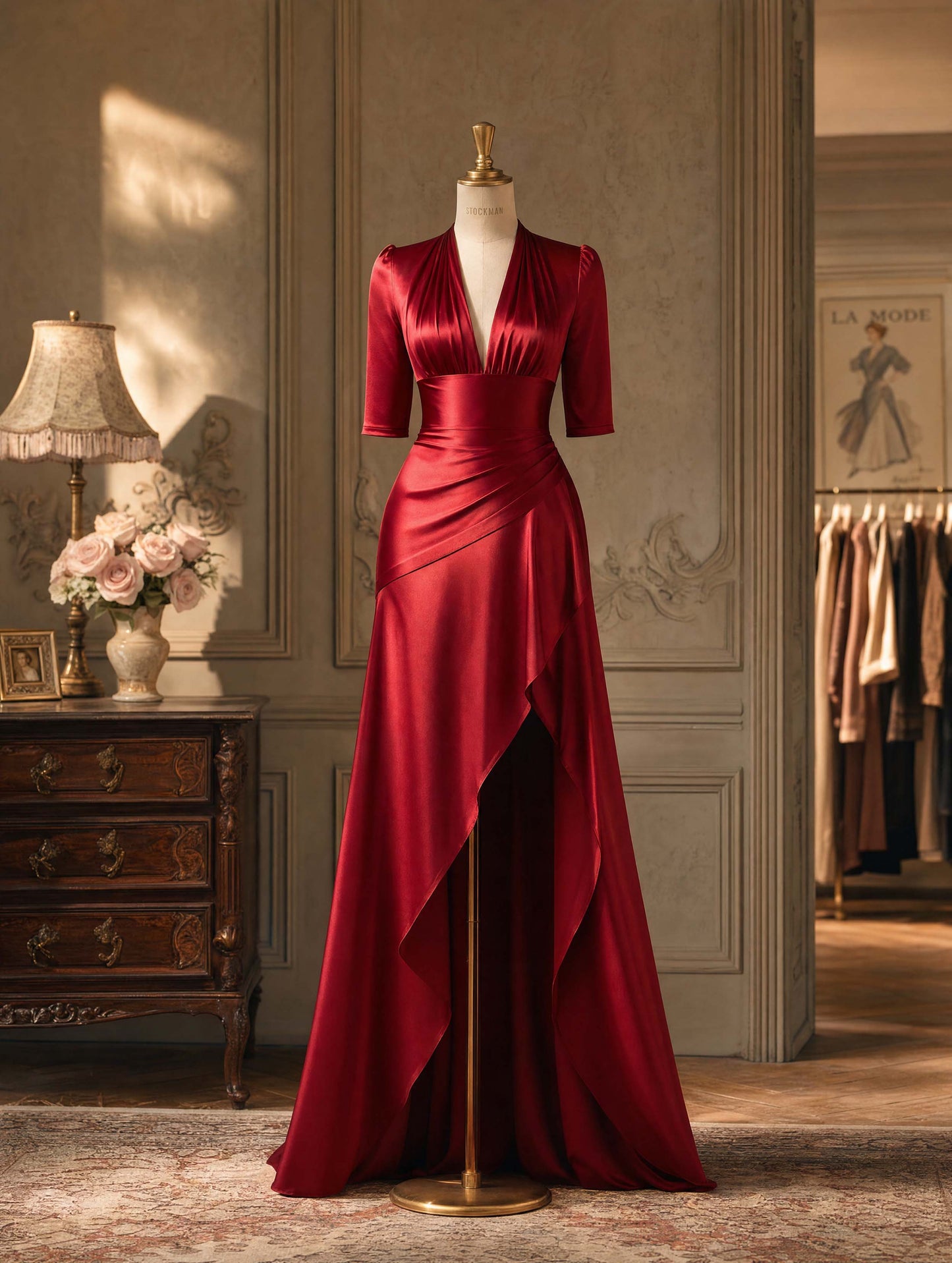 Vintage Red Satin Half‑Sleeve High Slit Evening Maxi Dress