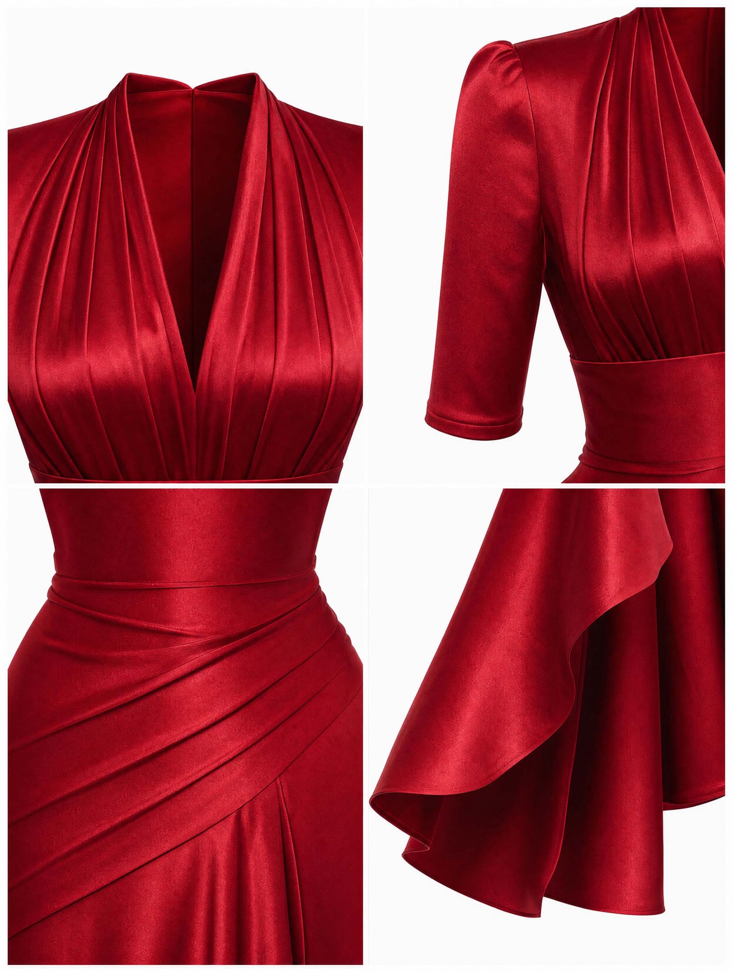 Vintage Red Satin Half‑Sleeve High Slit Evening Maxi Dress