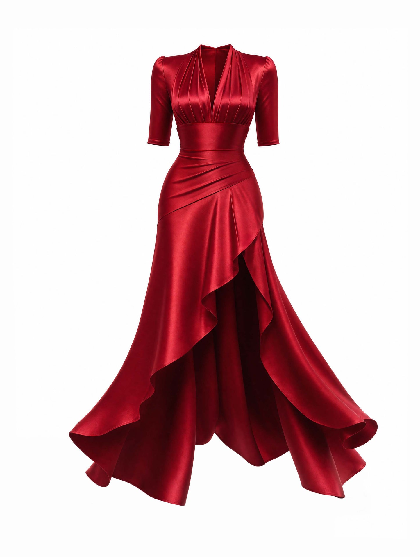 Vintage Red Satin Half‑Sleeve High Slit Evening Maxi Dress
