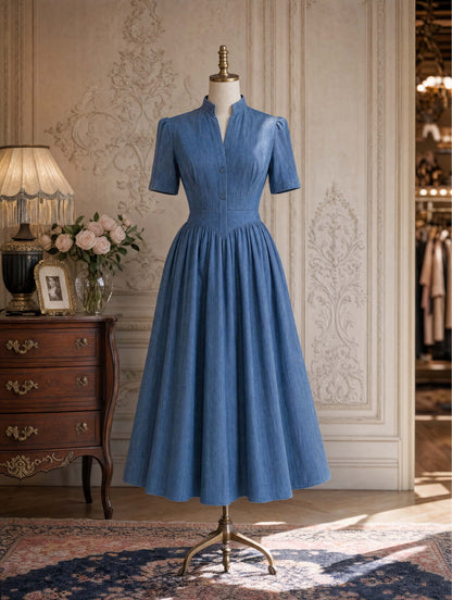 Vintage Stand‑Up Collar Waist‑Fitted Denim Flare Midi Dress