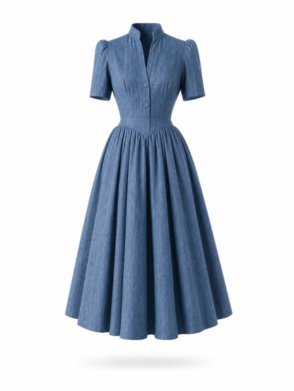 Vintage Stand‑Up Collar Waist‑Fitted Denim Flare Midi Dress