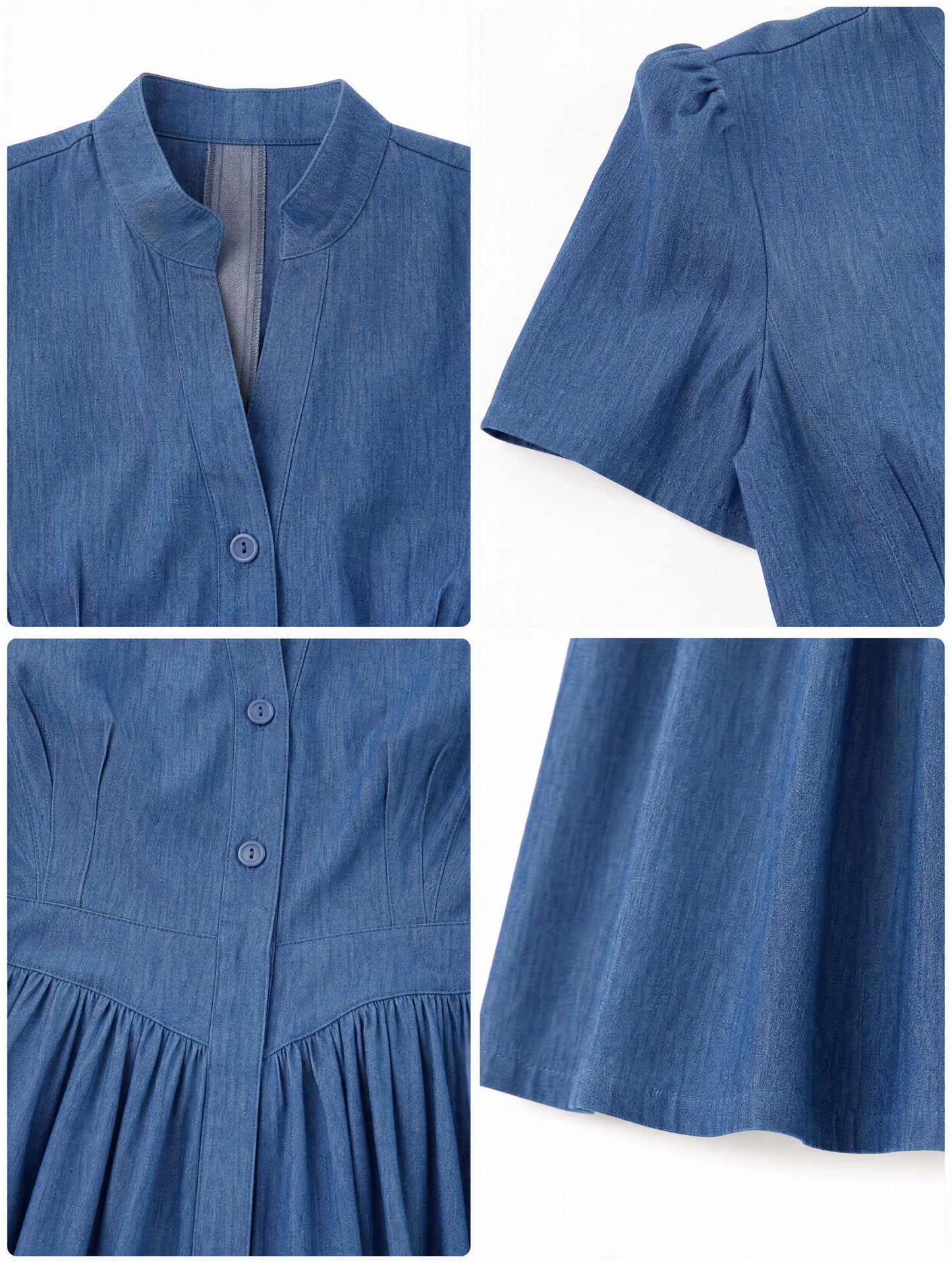 Vintage Stand‑Up Collar Waist‑Fitted Denim Flare Midi Dress